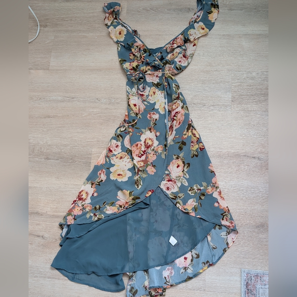 Privacy Please Dusty Blue Floral High-Low Ruffle Dress